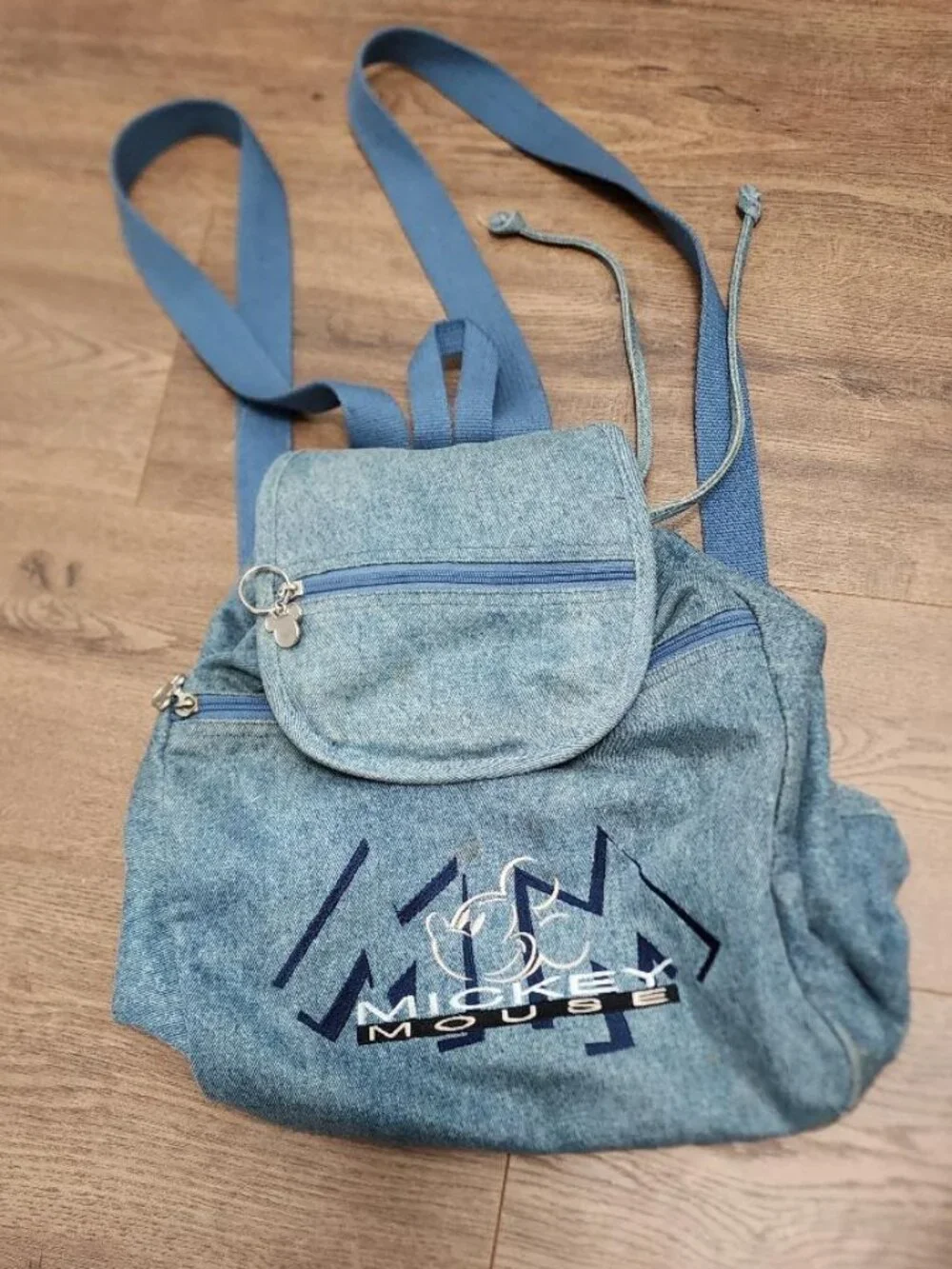 Vintage DISNEY Mickey Mouse Embroidered Blue Denim Backpack